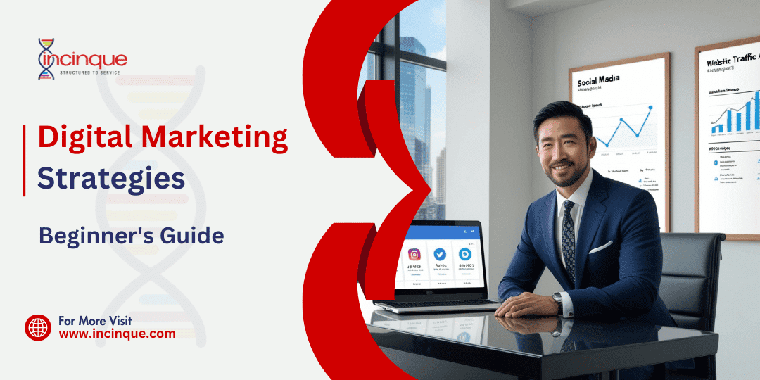 Business professional in an office promoting Incinque's Beginner's Guide to Digital Marketing Strategies with a focus on digital marketing.