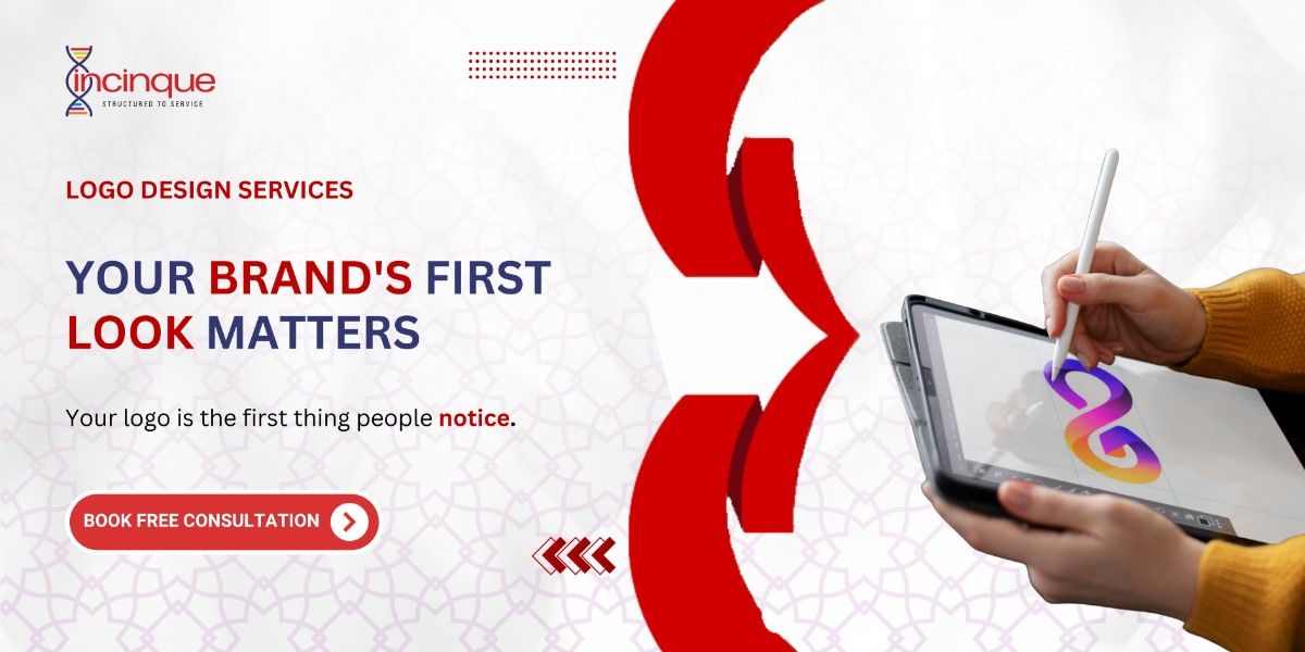 Person designing a colorful logo on a tablet with the tagline 'Your Brand's First Look Matters' by Incinque Business Solutions.