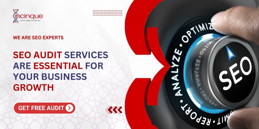 Digital marketing banner by Incinque promoting SEO audit services. A hand turns a knob labeled ‘SEO’ with surrounding words like Analyze, Optimize, Report. Text reads ‘SEO audit services are essential for your business growth’ with a red button saying ‘Get Free Audit’.