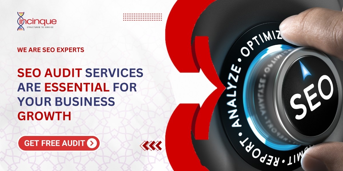 Digital marketing banner by Incinque promoting SEO audit services. A hand turns a knob labeled ‘SEO’ with surrounding words like Analyze, Optimize, Report. Text reads ‘SEO audit services are essential for your business growth’ with a red button saying ‘Get Free Audit’.