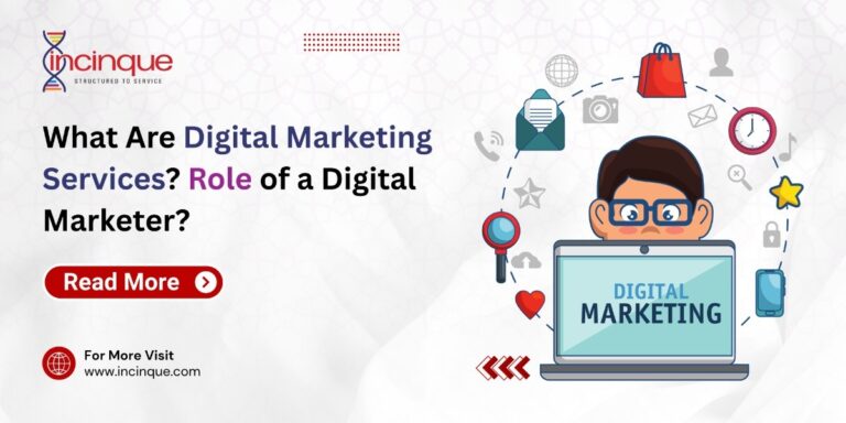 An illustration of a person working on a laptop labeled "DIGITAL MARKETING," surrounded by various digital icons like emails, shopping bags, and clocks, representing the diverse responsibilities of a digital marketer.