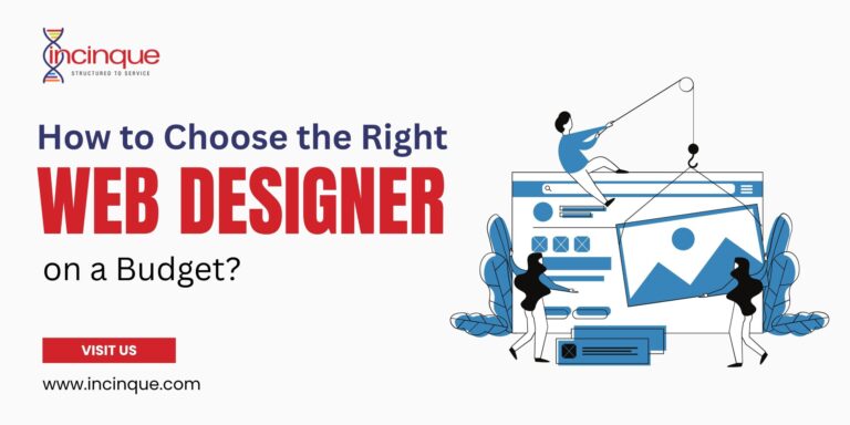 Illustrated design team constructing a website interface to show how to choose the right web designer on a budget.