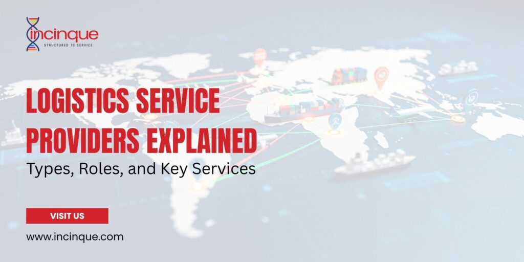 A global world map showing connected supply chain networks, cargo ships, and transport routes to explain logistics service providers.