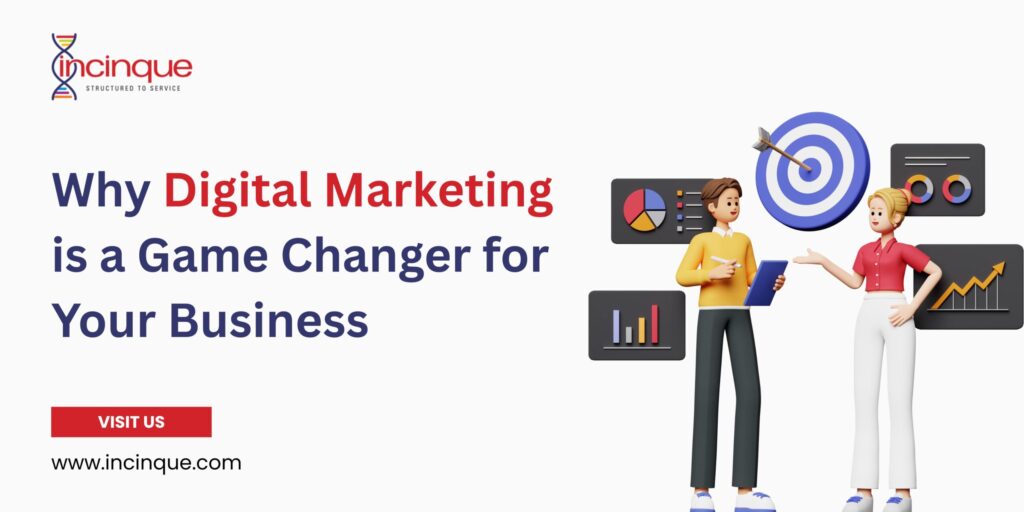 3D characters analyzing data charts and a target board to show why digital marketing is a game changer.