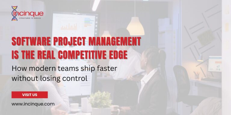 Incinque software project management team analyzing development workflows and charts on a smartboard.