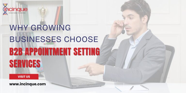 A B2B appointment setting professional talking on a headset and using a laptop to schedule client meetings.