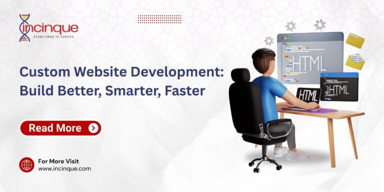 A 3D illustration of a developer working on a computer surrounded by multiple screens displaying HTML code, symbolizing custom web development services.