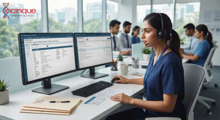 Indian healthcare specialist verifying insurance details for US providers