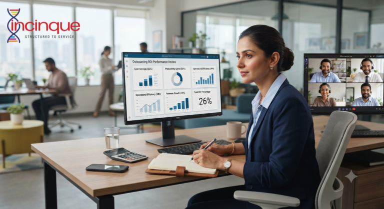 Business professional calculating the ROI of outsourcing services