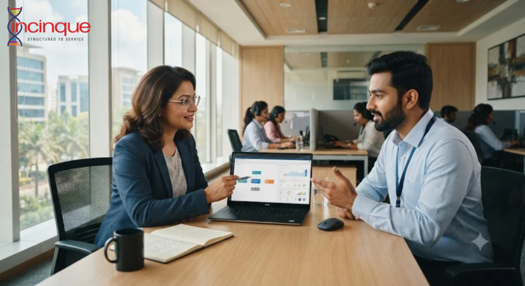 ndian business office with two professionals from a company and an outsourcing team discussing workflows across a meeting table