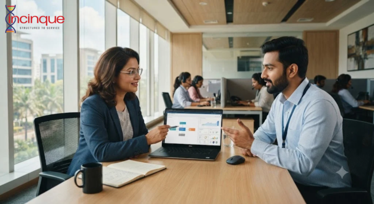 ndian business office with two professionals from a company and an outsourcing team discussing workflows across a meeting table