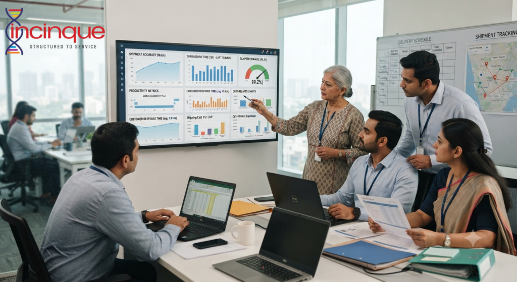 Team reviewing logistics BPO partnership performance metrics