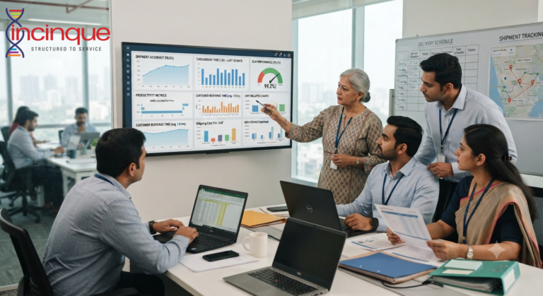 Team reviewing logistics BPO partnership performance metrics