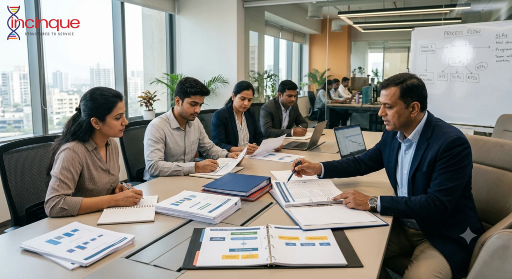 South Asian business professionals reviewing workflows during a transition from in-house operations to outsourcing.