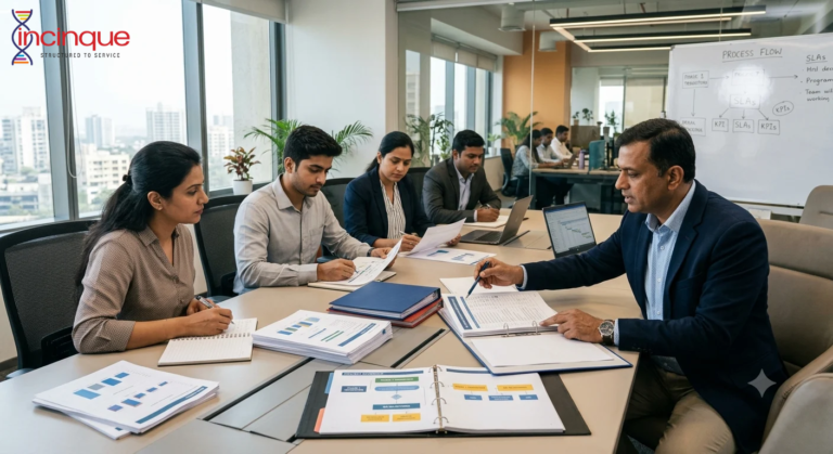 South Asian business professionals reviewing workflows during a transition from in-house operations to outsourcing.