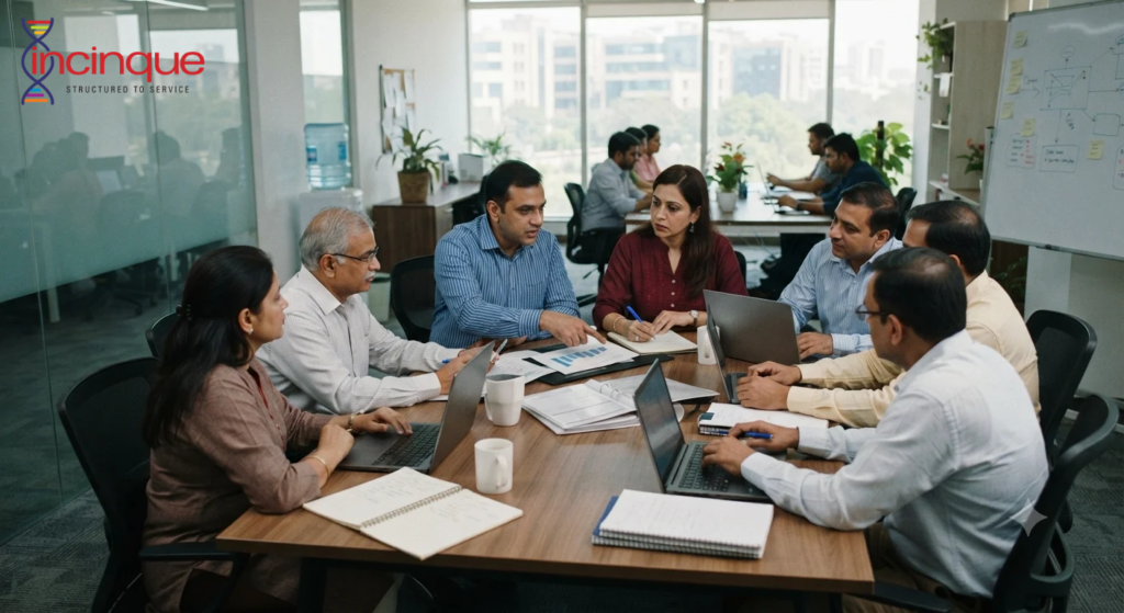 Mid-market business team discussing BPO operations and workflow