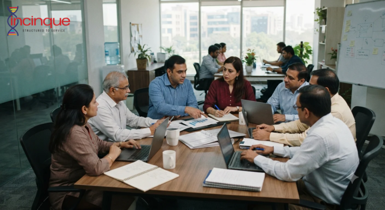Mid-market business team discussing BPO operations and workflow
