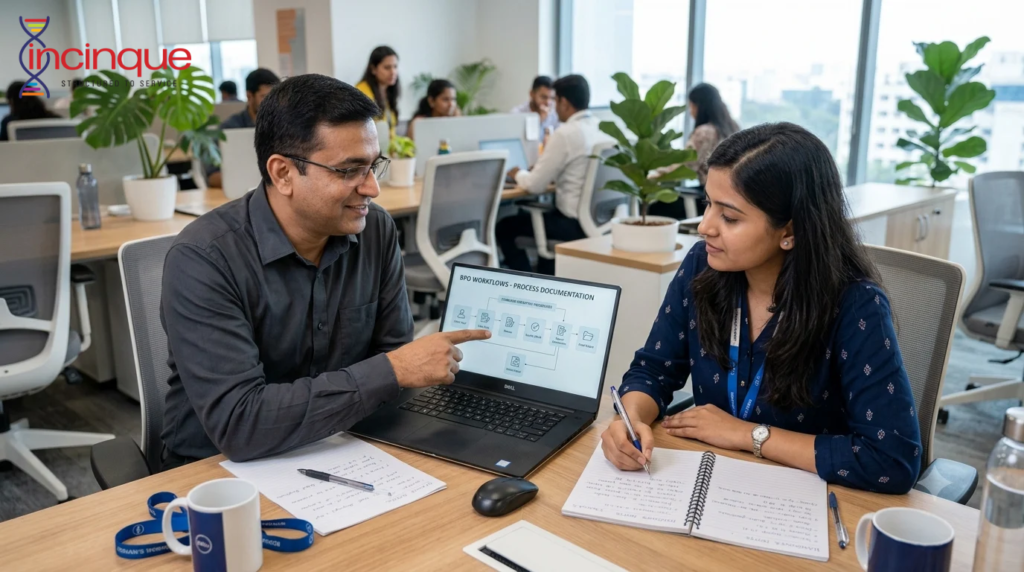 South Asian BPO team members reviewing process documentation and discussing employee handover procedures in an office