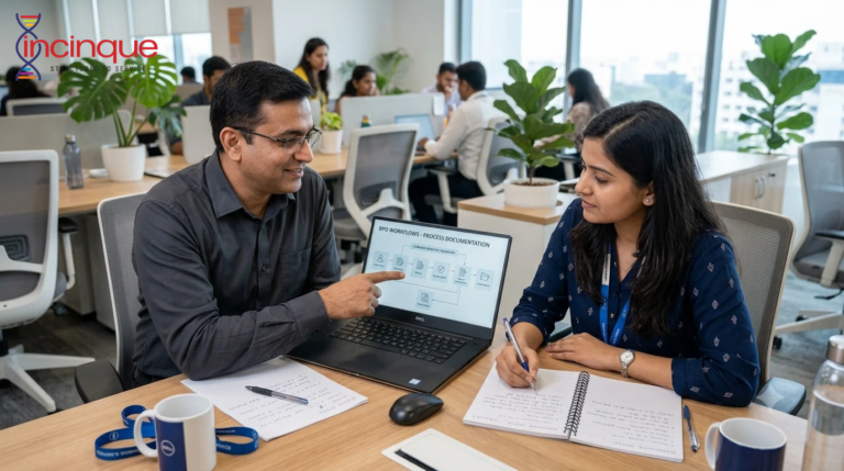 South Asian BPO team members reviewing process documentation and discussing employee handover procedures in an office