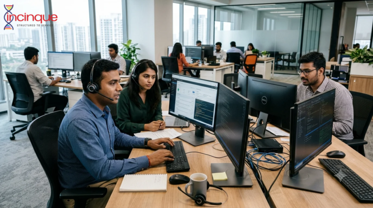 Technical support professionals assisting a business client in a modern office.