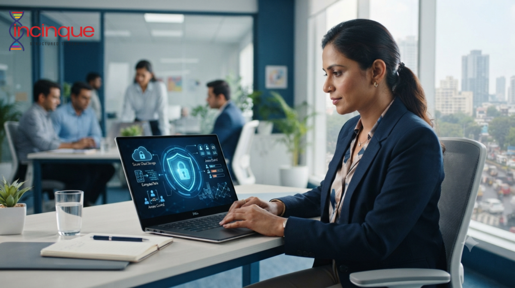 South Asian business professional using a laptop with cybersecurity symbols in a modern office