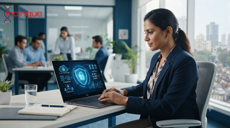 South Asian business professional using a laptop with cybersecurity symbols in a modern office
